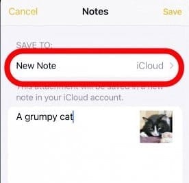 choose the location where you want to save the note