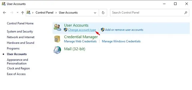 click on the 'Change account type' option