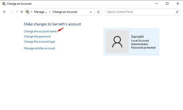 click on the 'Change the account name' option