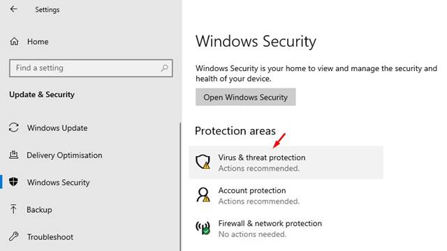 Click on the 'Virus & threat protection'