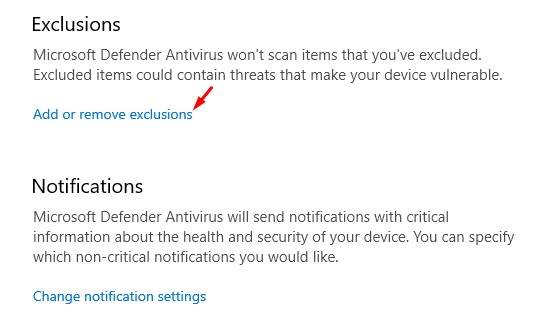 Click on the 'Add or remove exclusions'