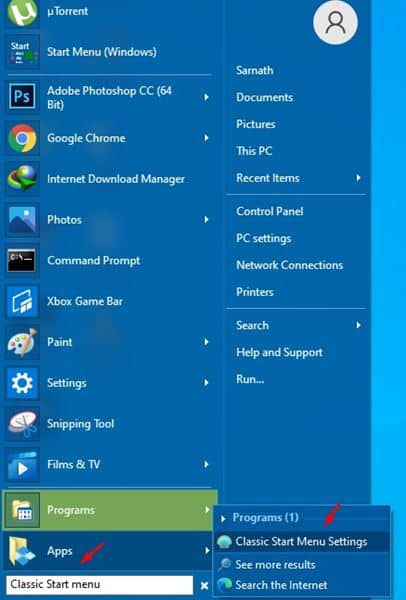 search for 'Classic Start Menu Settings' and open it