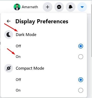 select the 'On' to enable the dark mode