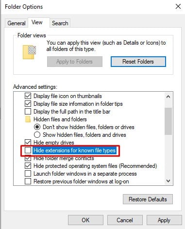 untick the 'Hide extensions for known file types' option