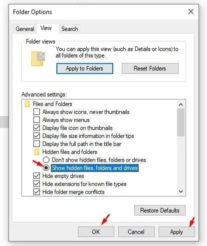 enable the 'Show hidden files, folders and drives'