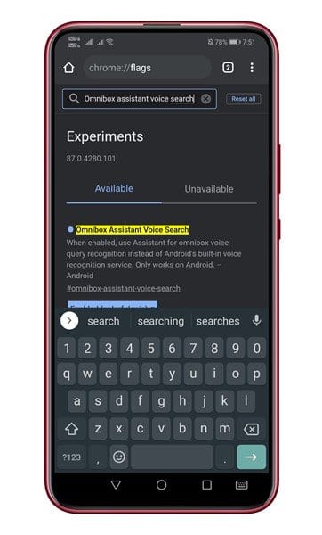 type in 'Omnibox Assistant Voice Search'