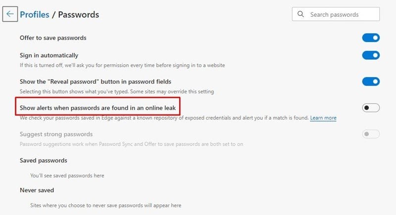 find the option 'Show alerts when passwords are found in an online leak'