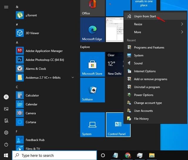 pin settings to Windows start menu