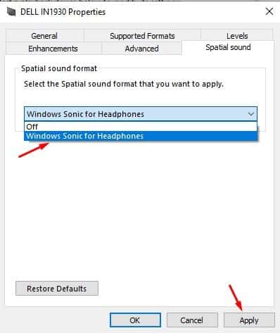 select 'Windows Sonic for headphones'