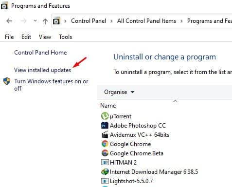 click on the 'View installed updates' option