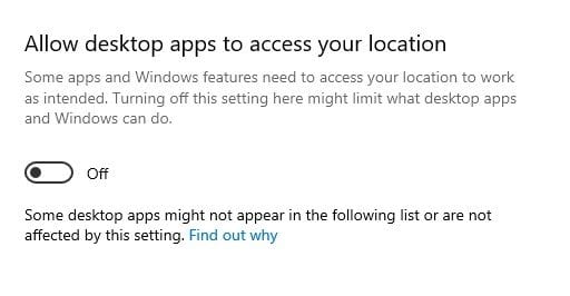 vypněte přepínač „Povolit počítačovým aplikacím přístup k vaší poloze“