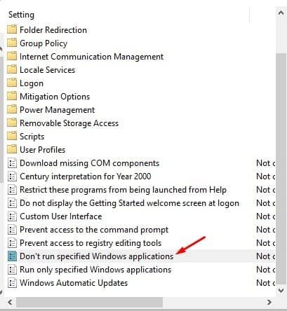 double click on the 'Don't run specified Windows application' policy