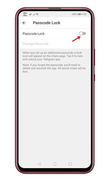 enable the toggle for Passcode lock