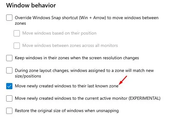 Enable the option 'Move newly created Windows to their last known zone'
