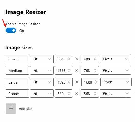 enable the 'Enable Image Resizer' option