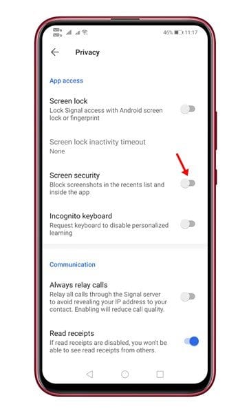 turn off the toggle for 'Screen Security'