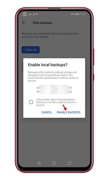 tap on the 'Enable backups' button