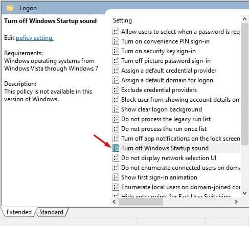 double click on the 'Turn off Windows Startup Sound' option