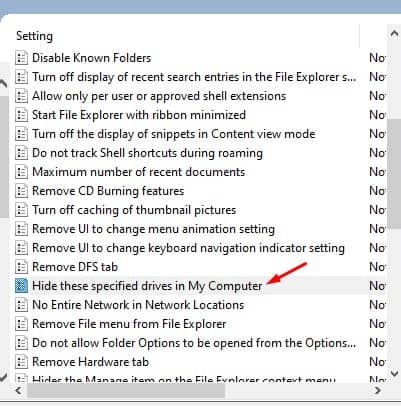 double click on the option 'Hide these specified drives in My Computer'