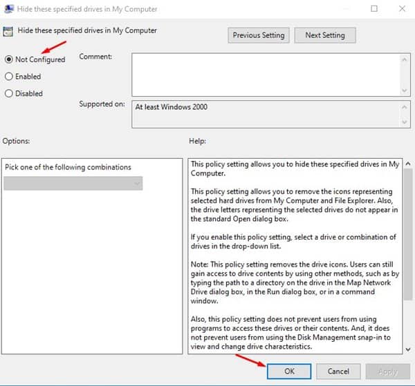 select 'Not Configured' to revert the changes