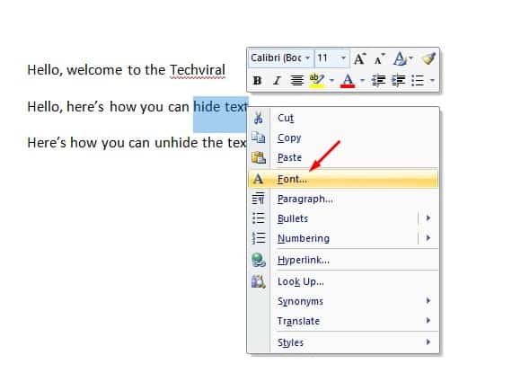 hide text in microsoft word