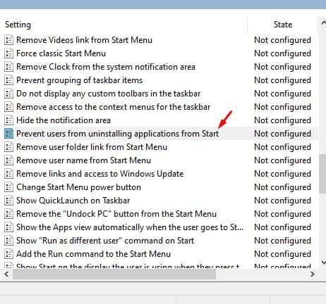 double click on the 'Prevent users from uninstalling applications from Start' policy