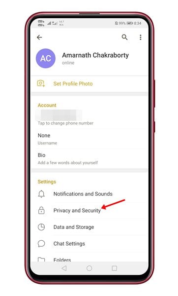 tap on the 'Privacy and Security' option