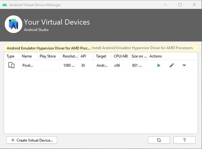 click on the 'Create Virtual Device' option