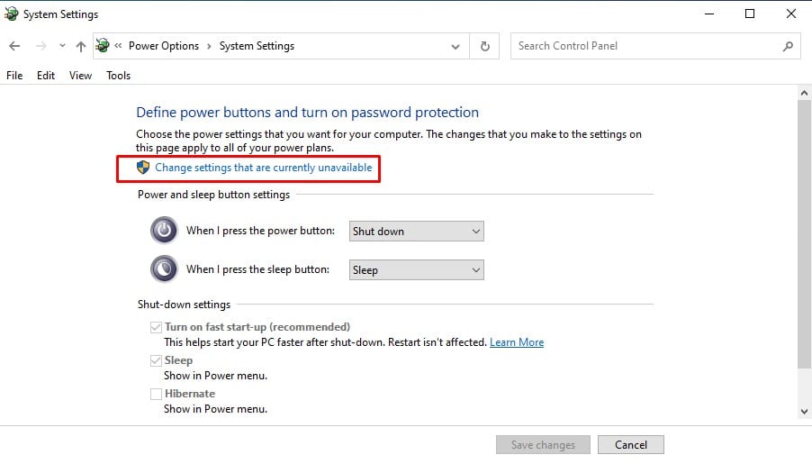 'Define power buttons and turn on password protection' option