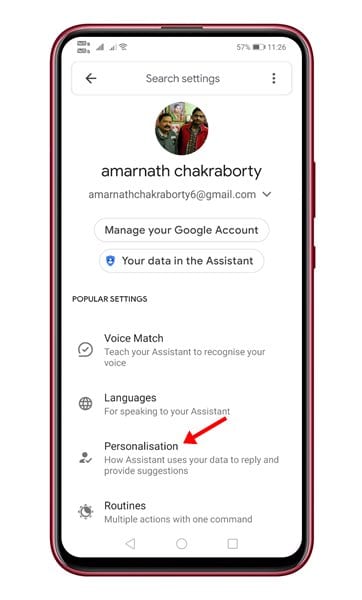 tap on the 'Personalization' option