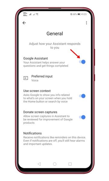 använd växlingsknappen bakom Google Assistant