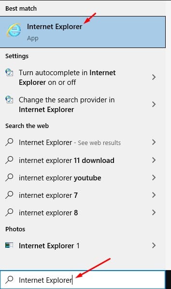 search for 'Internet Explorer.'