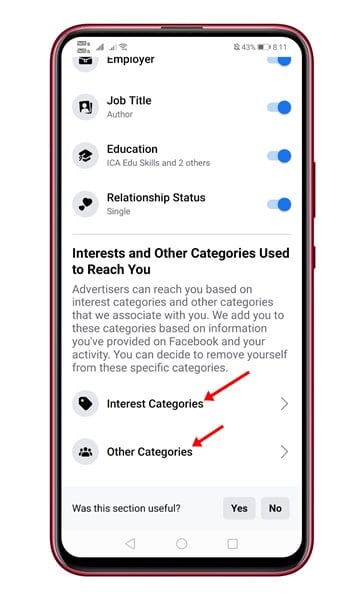 Tap on the 'Interest Categories'
