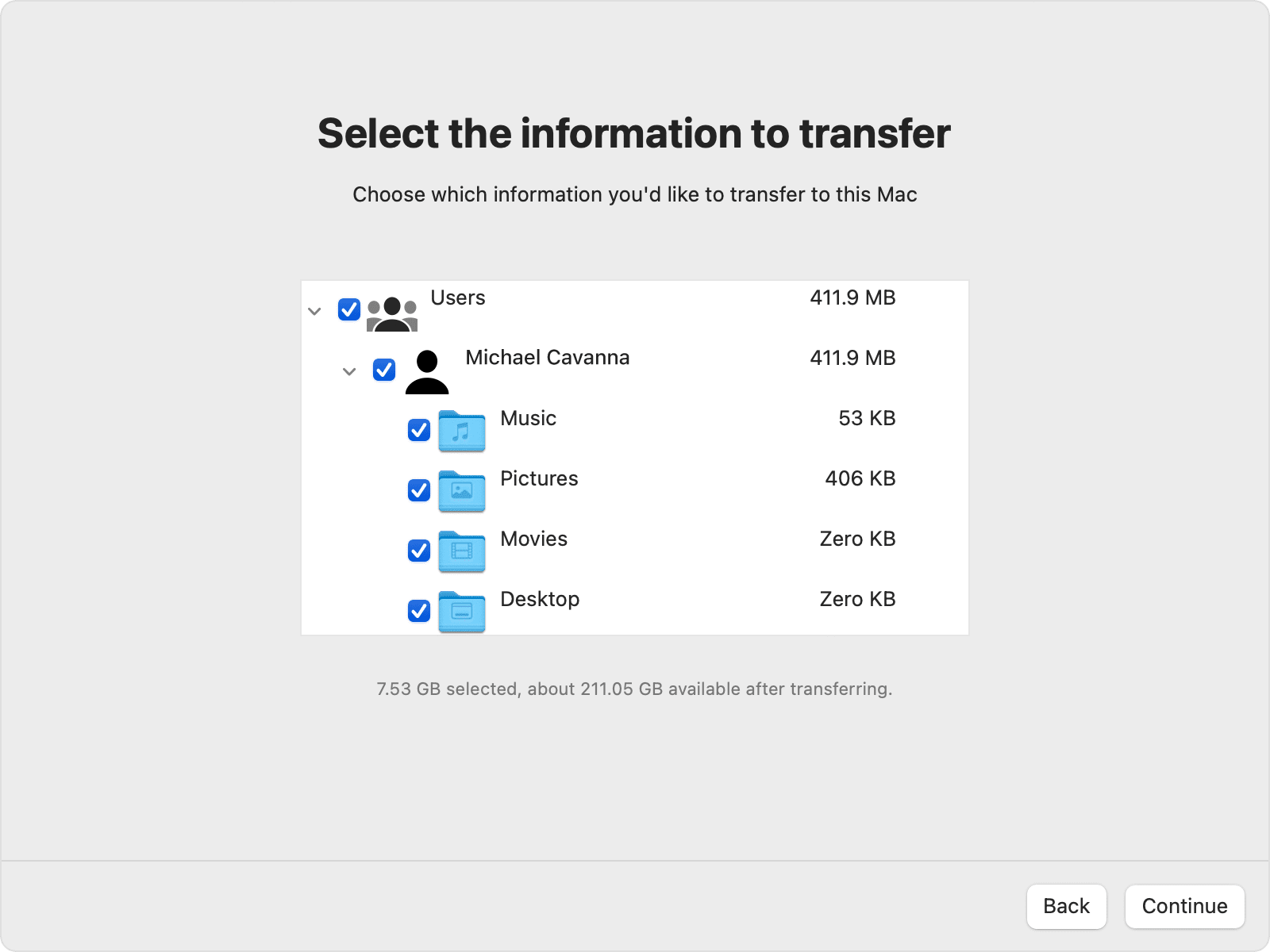 select the data you want to transfer to your Mac