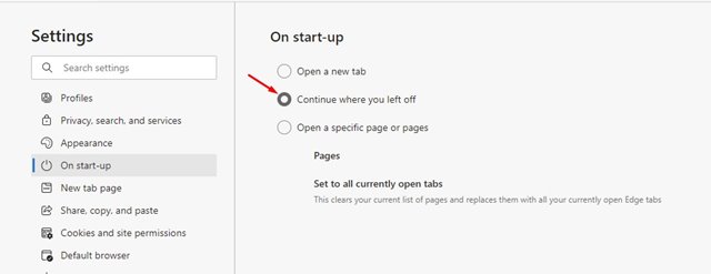 Set Edge Browser to Remember Tabs after Exit