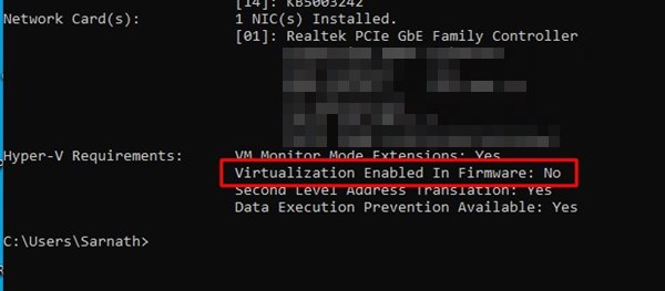 Virtualization Enabled in the Firmware option