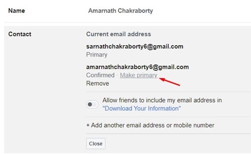 make primary email address on facebook