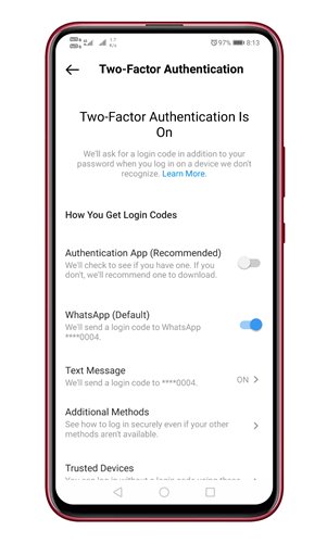 Two Factor authentication instagram