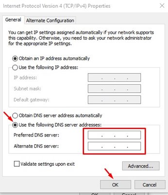Utilizza i seguenti indirizzi di server DNS