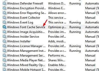 find Windows Font Cache Services