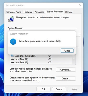 Create restore points Windows 11