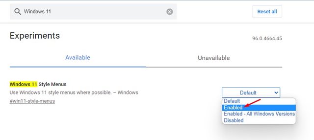 enable the Windows 11 Style Menus flag