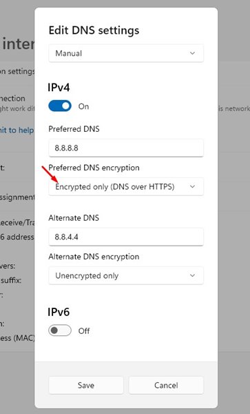 select Encrypted only (DNS over HTTPS)