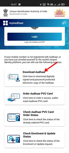 tryck på alternativet Ladda ner Aadhaar