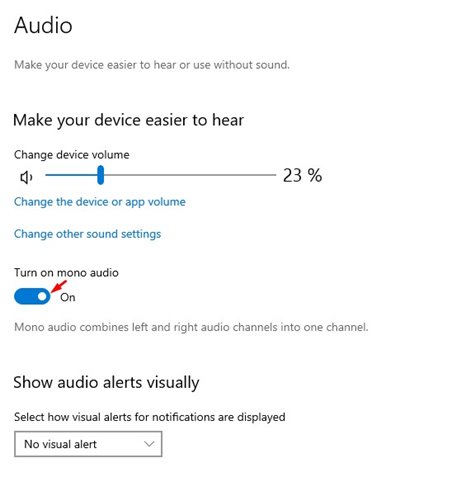 enable the toggle button behind Mono Audio