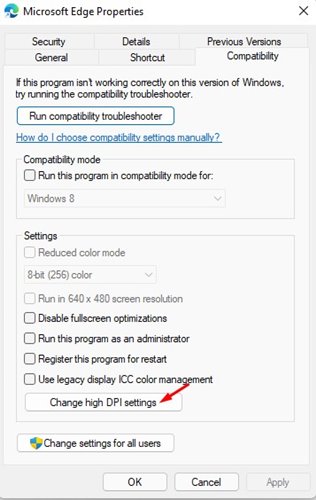 click on the 'Change high DPI settings' option