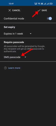selecione 'SMS Passcode' na seção Exigir senha
