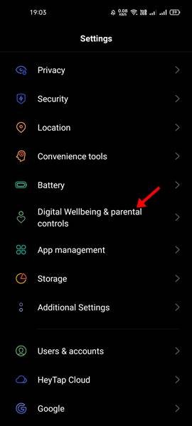 tap on the Digital Wellbeing and Parental Controls