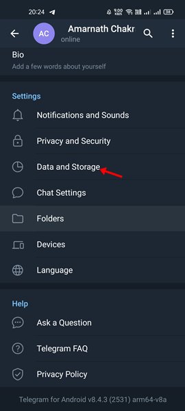 tap on the 'Data and Storage' option