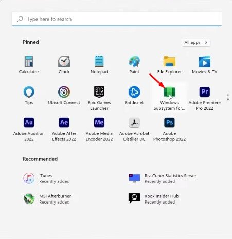 avvia il sottosistema Windows per Android